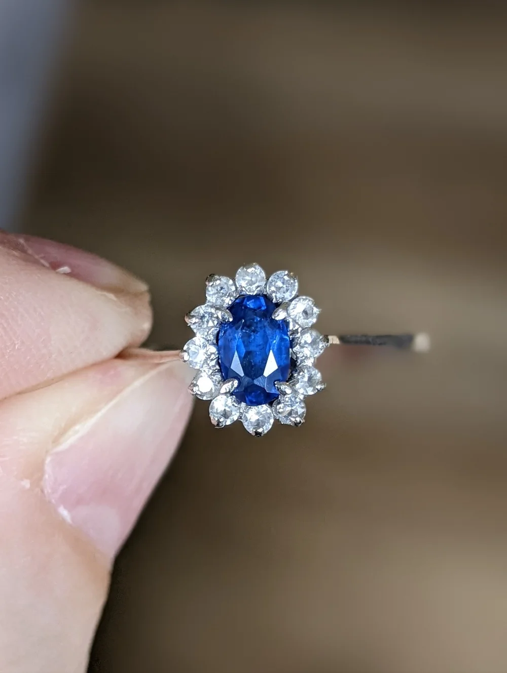 18K White Gold Blue Sapphire Ring With White Sapphire Halo - Picture 9 of 16